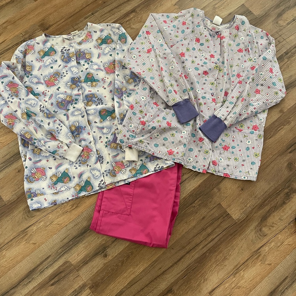 2 Colorful Printed Scrub Tops and Pink Pants Set